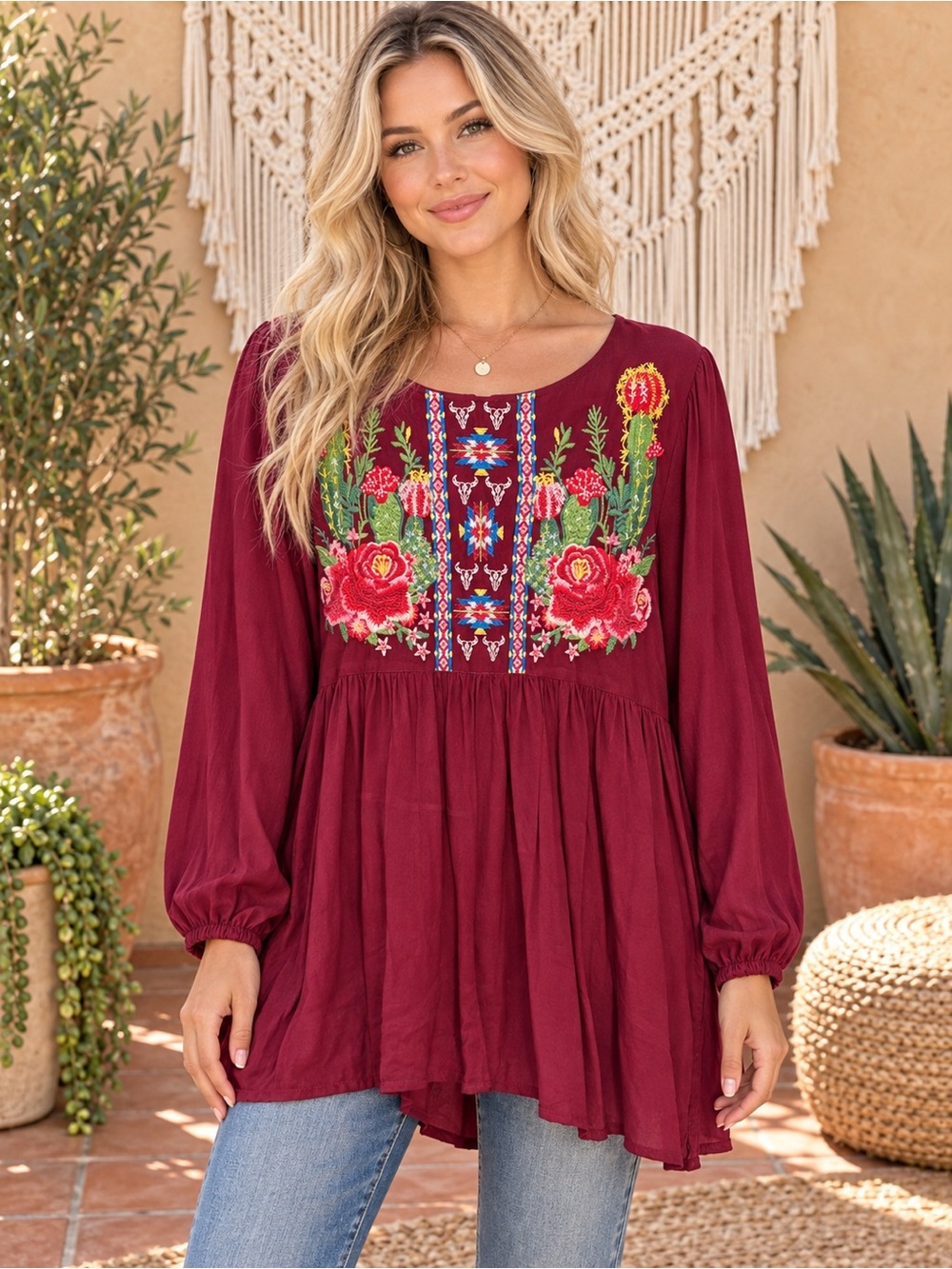 380 NWT Savanna Jane Wine Embroidered Peasant Tunic Size Small